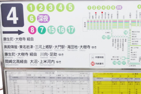 【1】東岡崎北口バス4番線乗り場で、康生経由のバスにご乗車ください。
